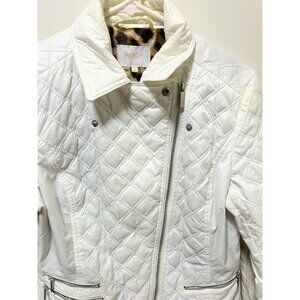 Laundry By Shelli Segal Womens White Quilted Jacket Leopard Print Lining Size M